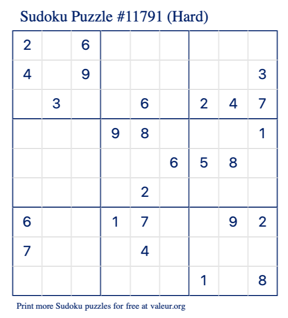 Free Printable Hard Sudoku Puzzle number 11791