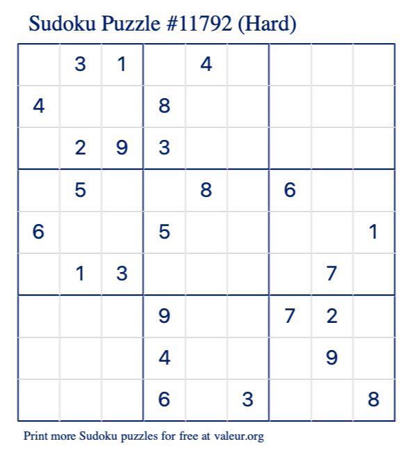 Free Printable Hard Sudoku Puzzle number 11792