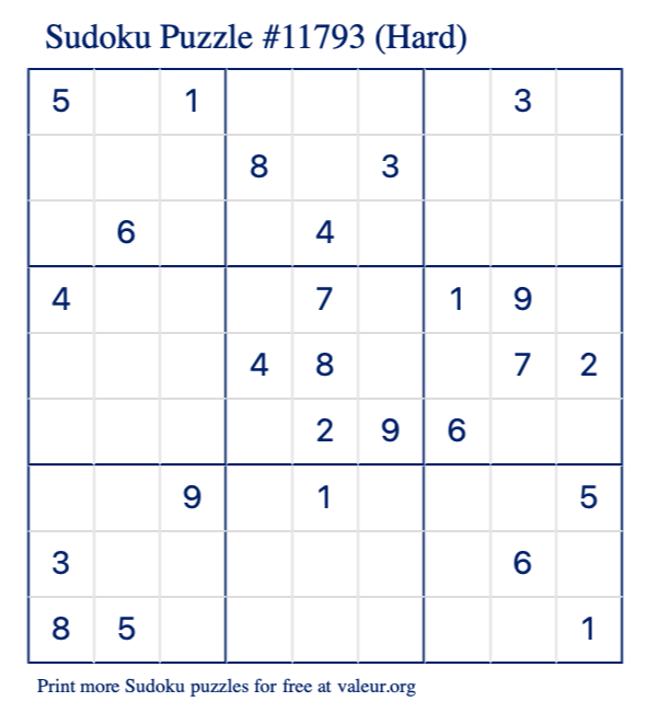 Free Printable Hard Sudoku Puzzle number 11793