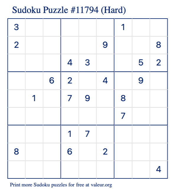 Free Printable Hard Sudoku Puzzle number 11794