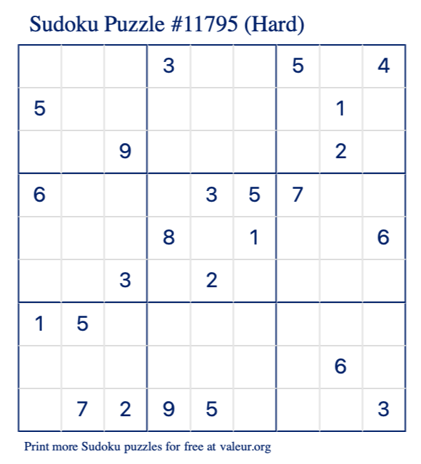 Free Printable Hard Sudoku Puzzle number 11795