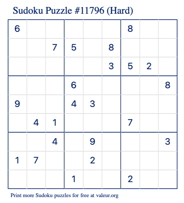 Free Printable Hard Sudoku Puzzle number 11796