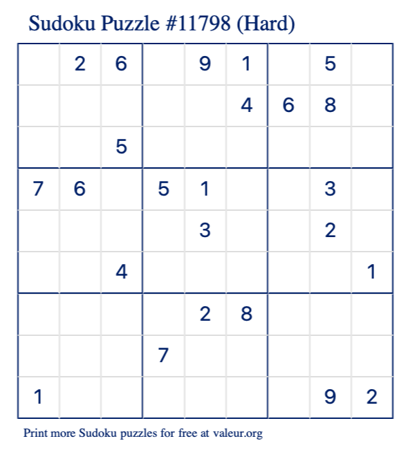 Free Printable Hard Sudoku Puzzle number 11798