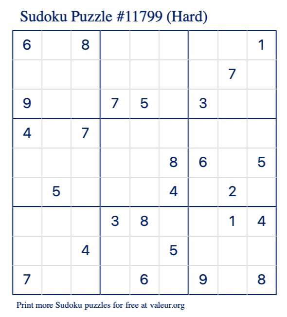 Free Printable Hard Sudoku Puzzle number 11799