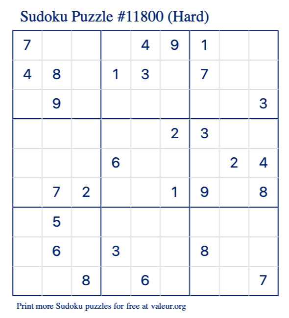 Free Printable Hard Sudoku Puzzle number 11800