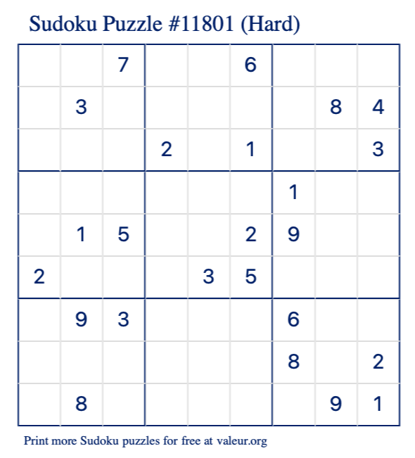 Free Printable Hard Sudoku Puzzle number 11801