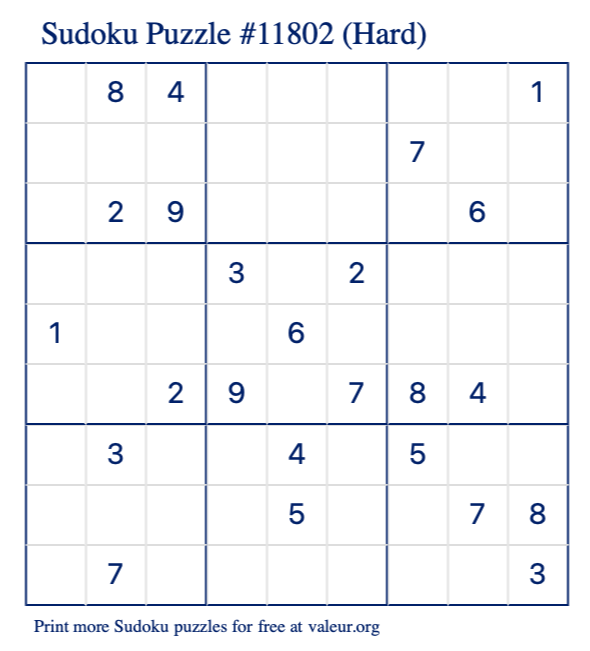 Free Printable Hard Sudoku Puzzle number 11802