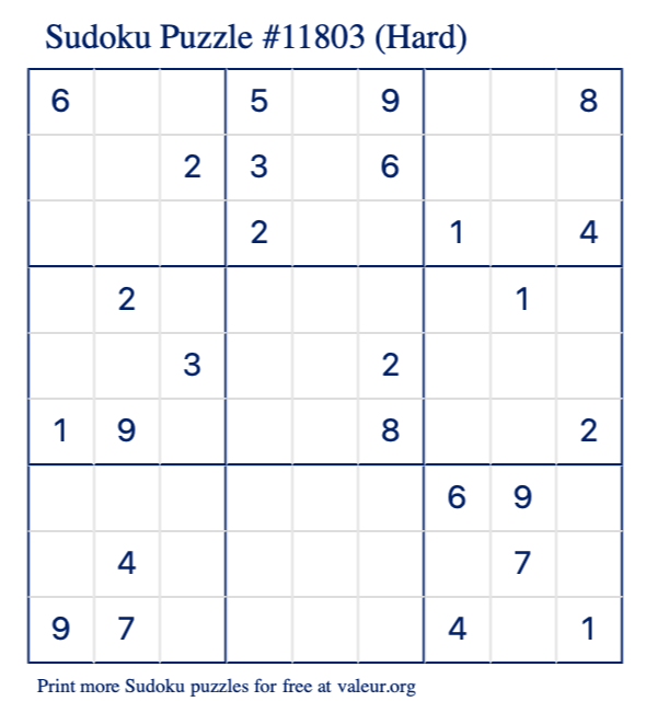 Free Printable Hard Sudoku Puzzle number 11803
