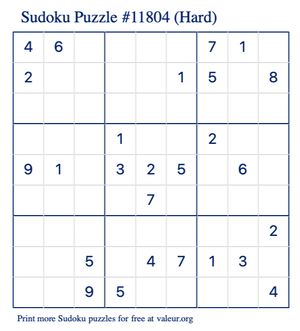 Free Printable Hard Sudoku Puzzle number 11804