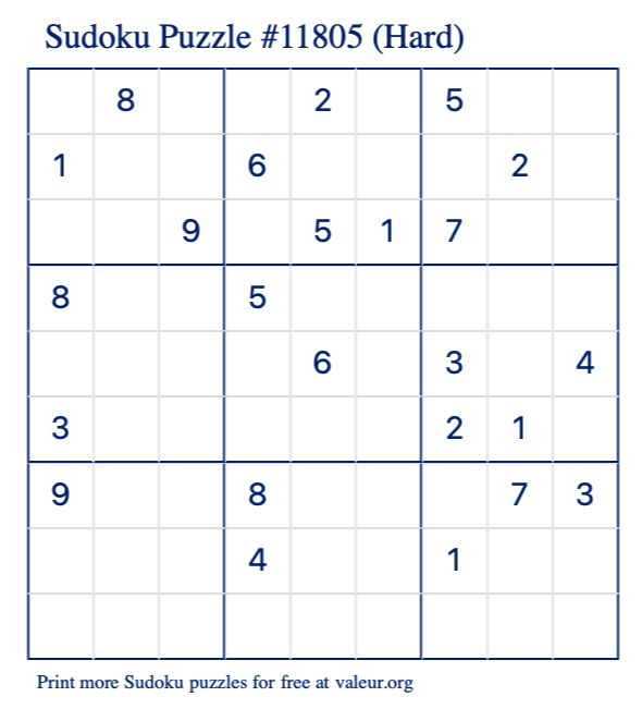 Free Printable Hard Sudoku Puzzle number 11805