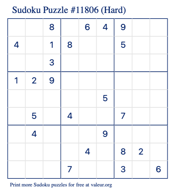 Free Printable Hard Sudoku Puzzle number 11806