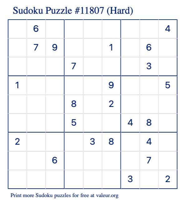 Free Printable Hard Sudoku Puzzle number 11807