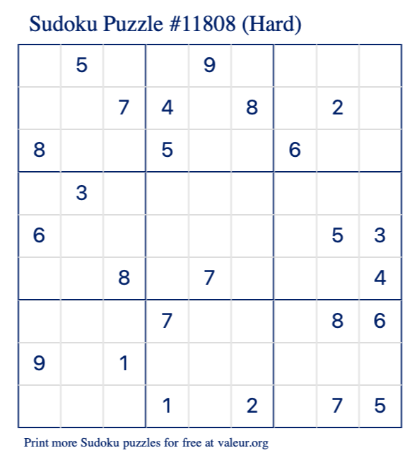 Free Printable Hard Sudoku Puzzle number 11808