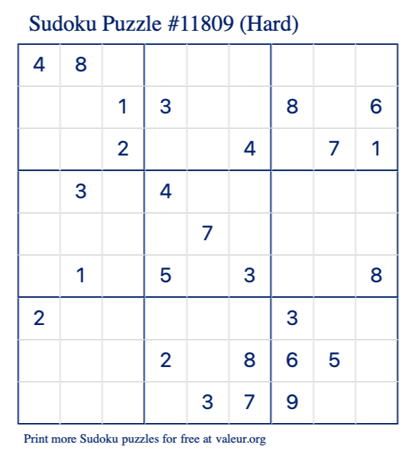 Free Printable Hard Sudoku Puzzle number 11809