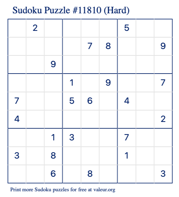 Free Printable Hard Sudoku Puzzle number 11810