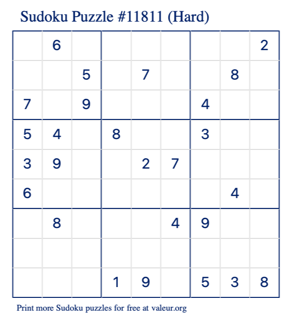 Free Printable Hard Sudoku Puzzle number 11811