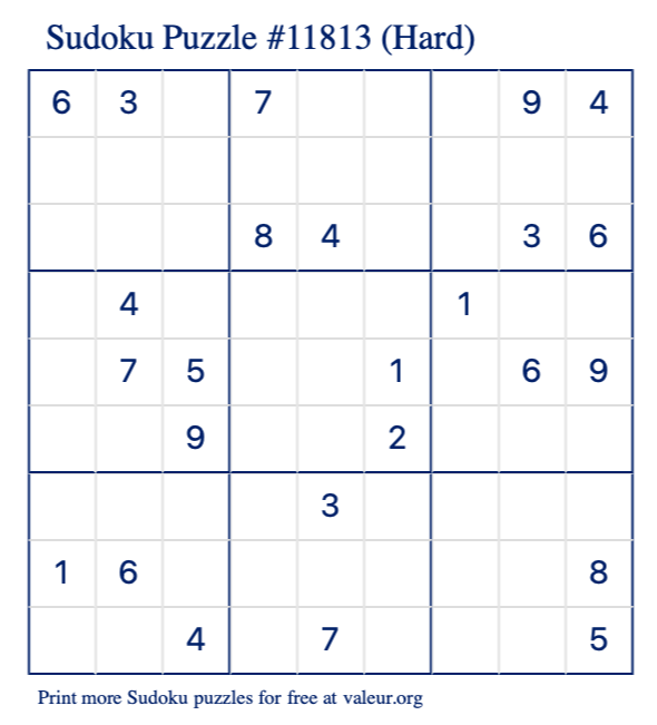 Free Printable Hard Sudoku Puzzle number 11813
