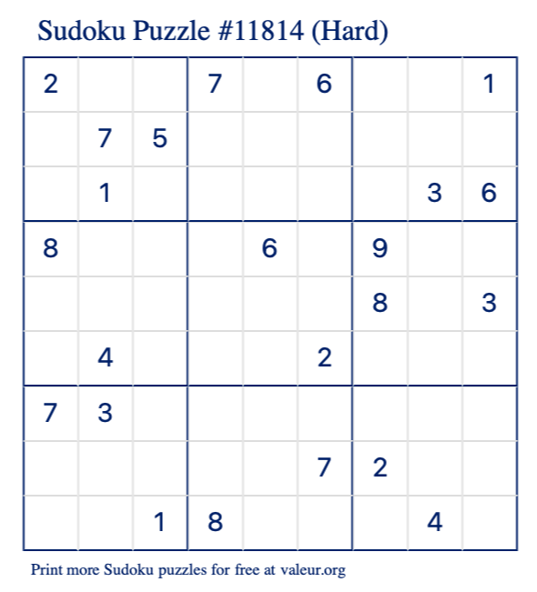 Free Printable Hard Sudoku Puzzle number 11814