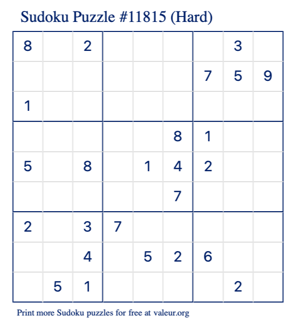 Free Printable Hard Sudoku Puzzle number 11815