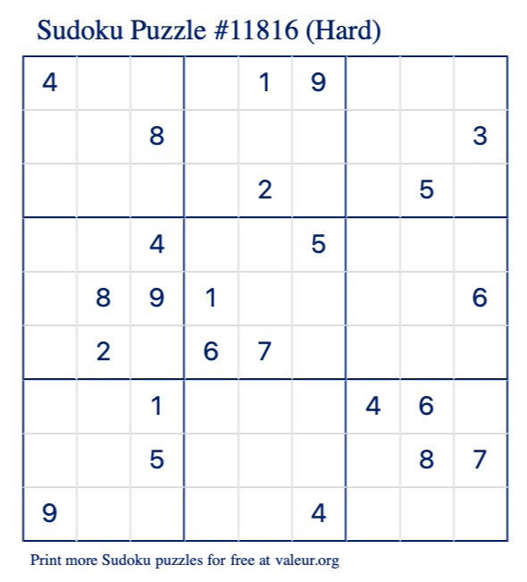Free Printable Hard Sudoku Puzzle number 11816