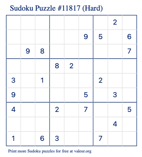 Free Printable Hard Sudoku Puzzle number 11817