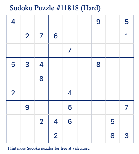 Free Printable Hard Sudoku Puzzle number 11818