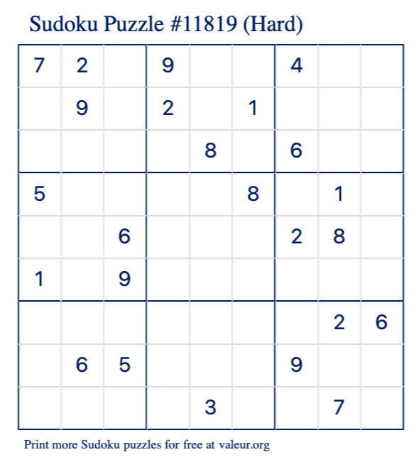 Free Printable Hard Sudoku Puzzle number 11819