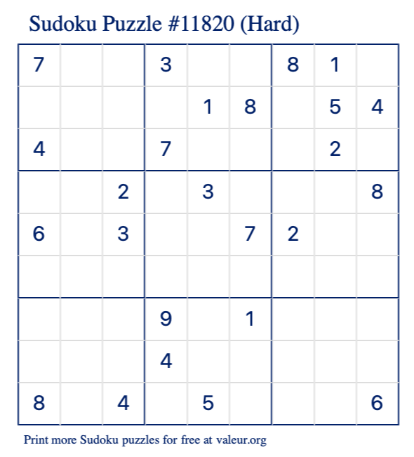 Free Printable Hard Sudoku Puzzle number 11820