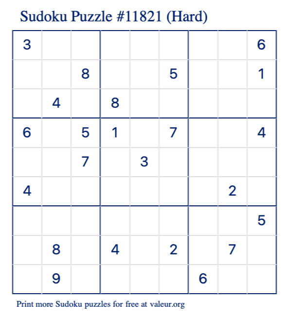 Free Printable Hard Sudoku Puzzle number 11821