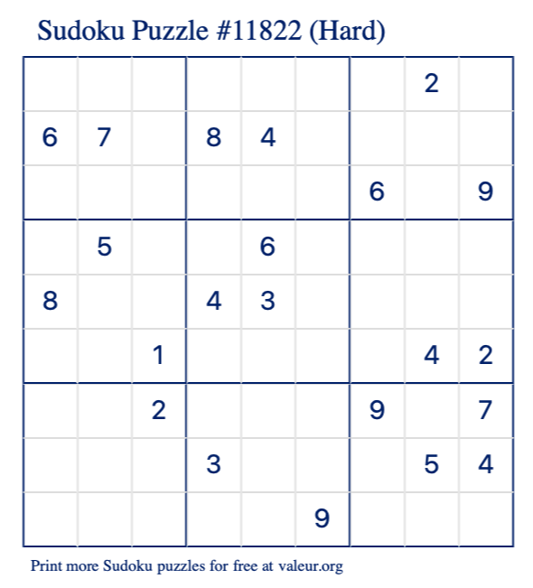 Free Printable Hard Sudoku Puzzle number 11822