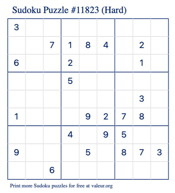 Free Printable Hard Sudoku Puzzle number 11823