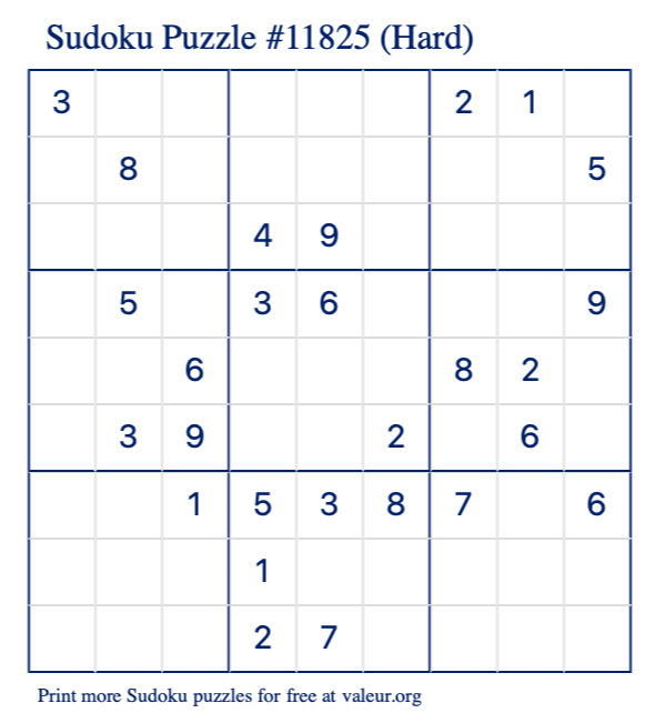 Free Printable Hard Sudoku Puzzle number 11825