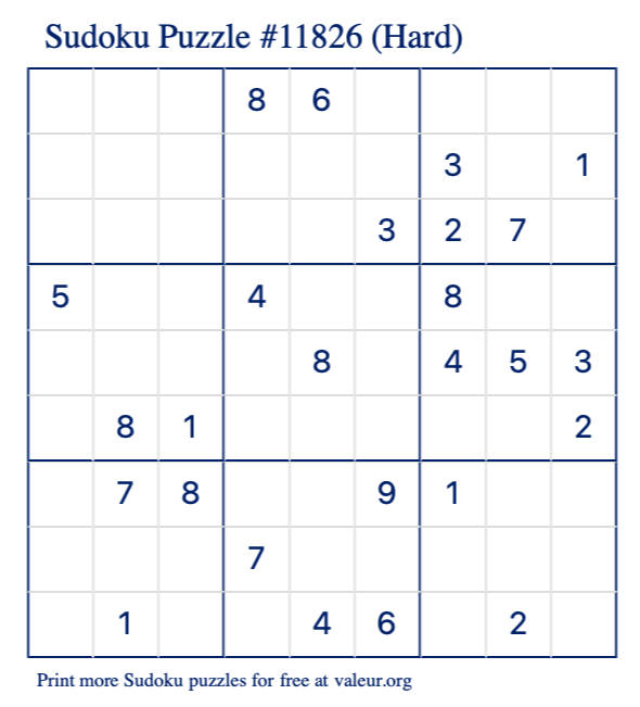 Free Printable Hard Sudoku Puzzle number 11826