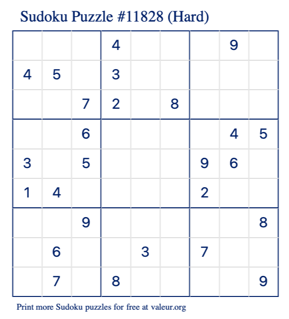 Free Printable Hard Sudoku Puzzle number 11828