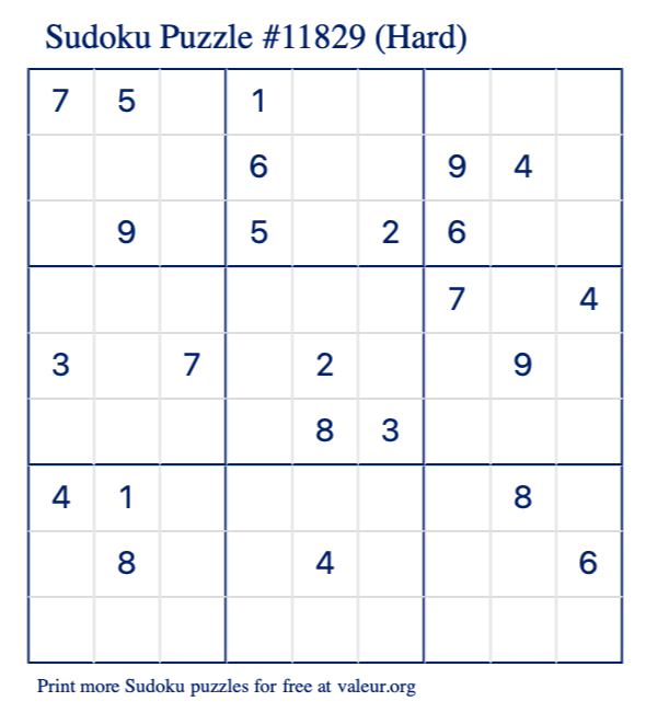 Free Printable Hard Sudoku Puzzle number 11829