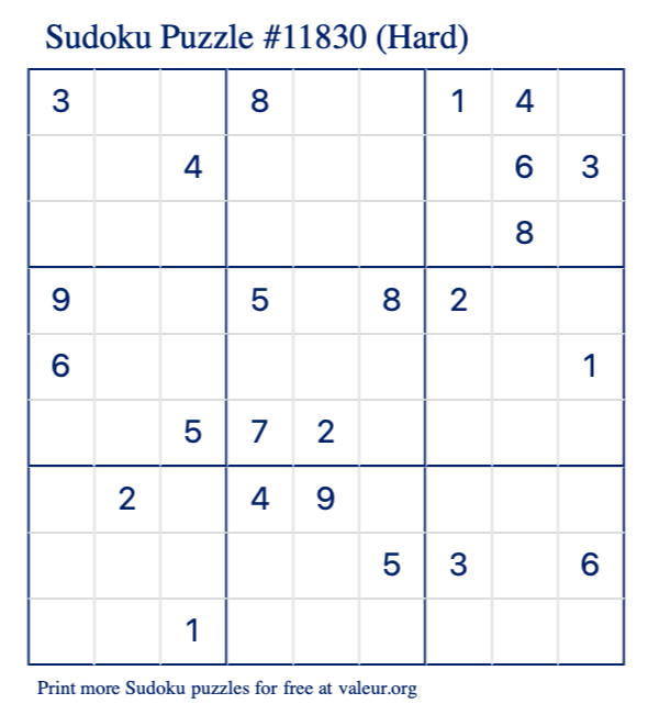 Free Printable Hard Sudoku Puzzle number 11830