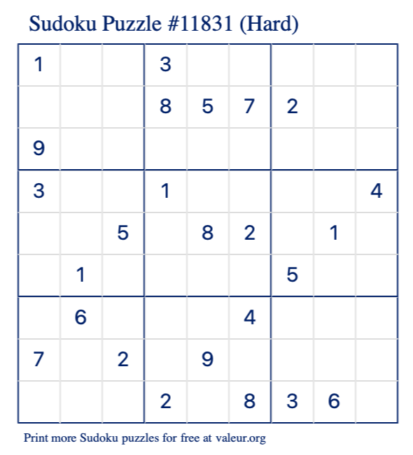 Free Printable Hard Sudoku Puzzle number 11831