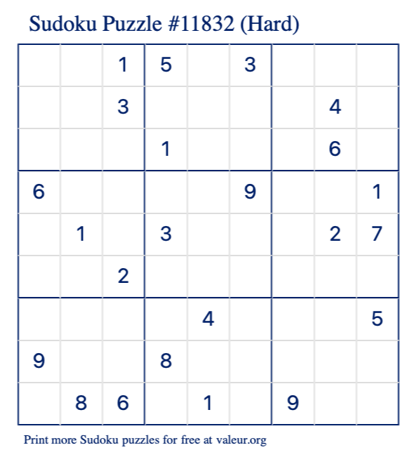 Free Printable Hard Sudoku Puzzle number 11832