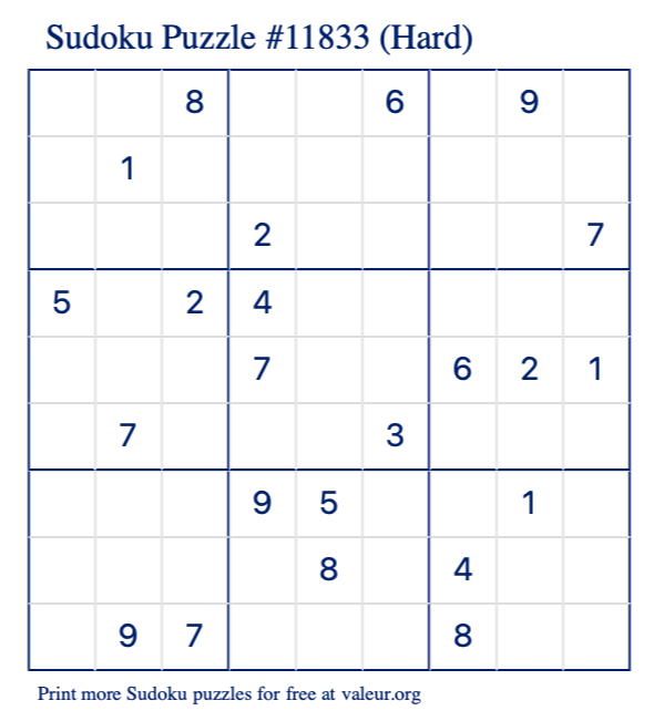 Free Printable Hard Sudoku Puzzle number 11833