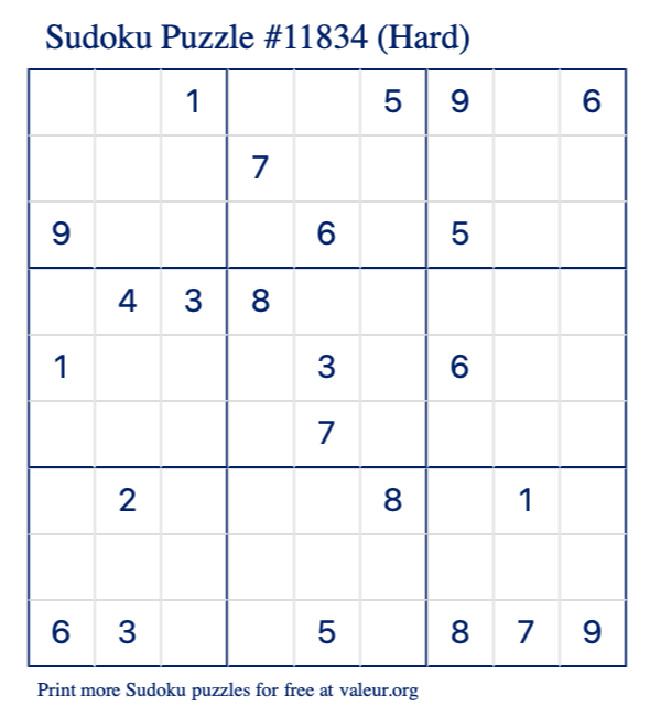 Free Printable Hard Sudoku Puzzle number 11834