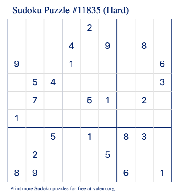 Free Printable Hard Sudoku Puzzle number 11835