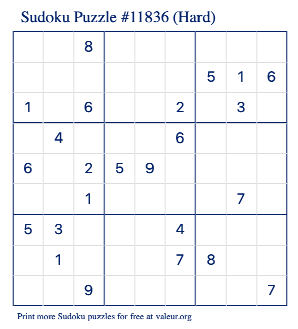 Free Printable Hard Sudoku Puzzle number 11836