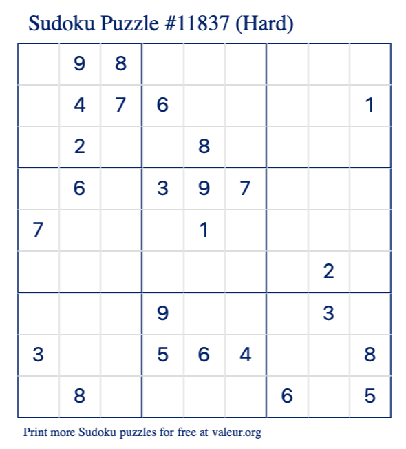 Free Printable Hard Sudoku Puzzle number 11837