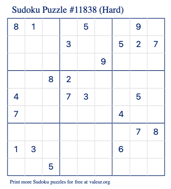 Free Printable Hard Sudoku Puzzle number 11838