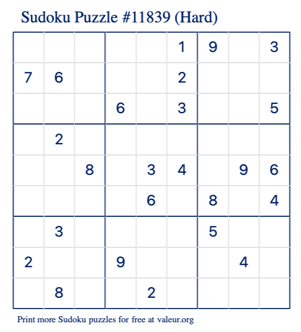 Free Printable Hard Sudoku Puzzle number 11839