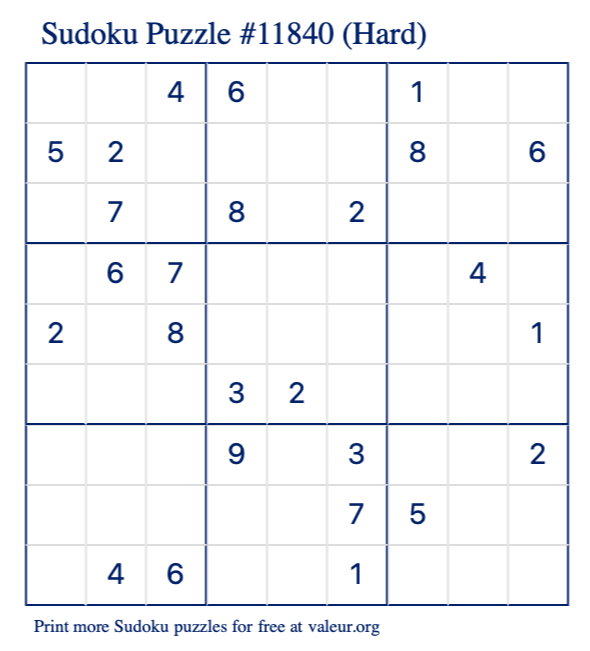 Free Printable Hard Sudoku Puzzle number 11840