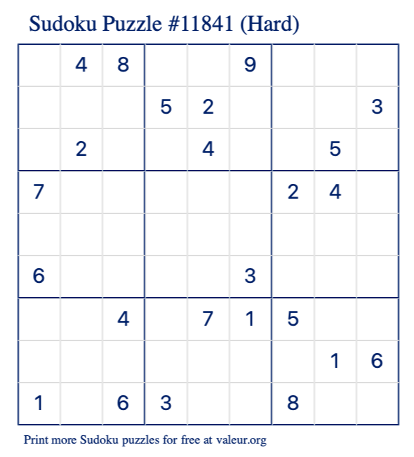 Free Printable Hard Sudoku Puzzle number 11841