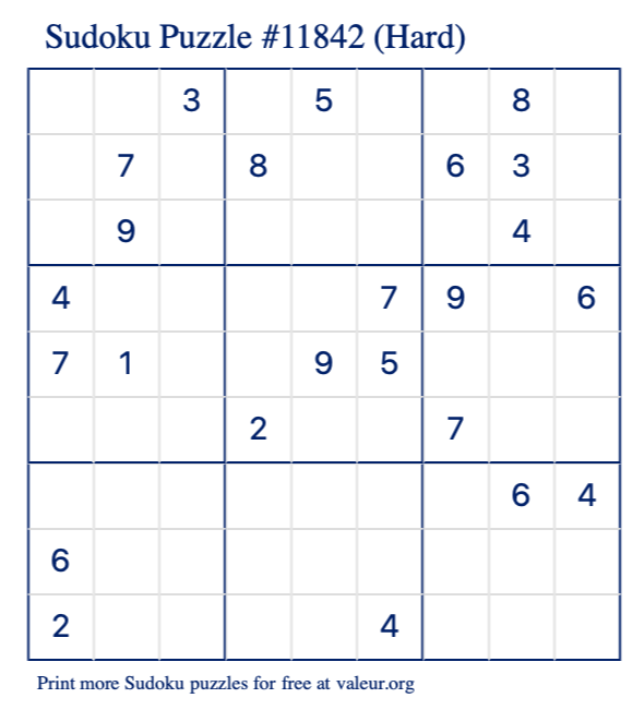 Free Printable Hard Sudoku Puzzle number 11842