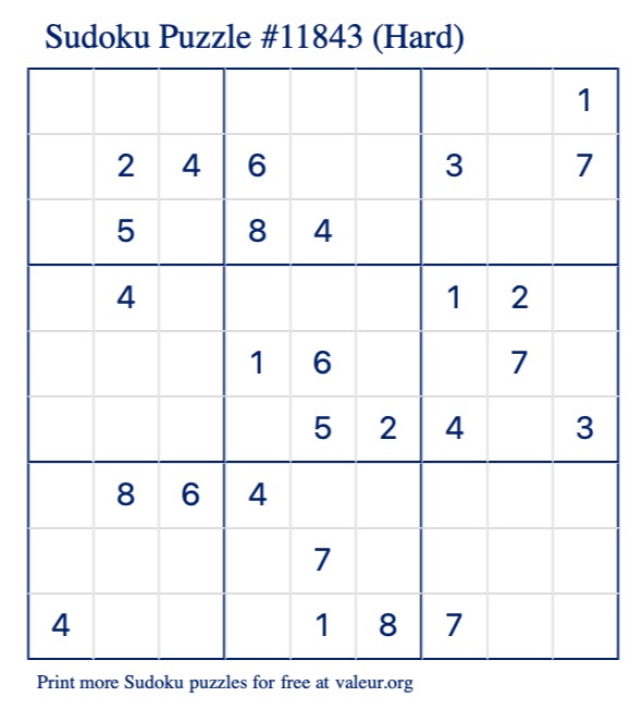 Free Printable Hard Sudoku Puzzle number 11843