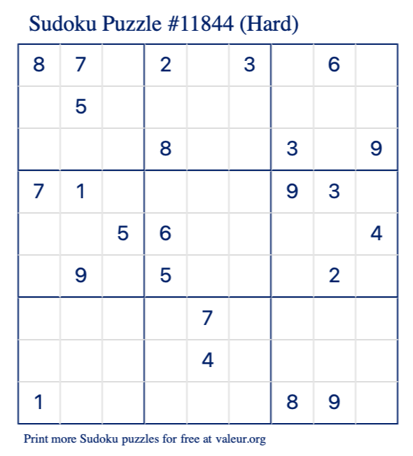 Free Printable Hard Sudoku Puzzle number 11844